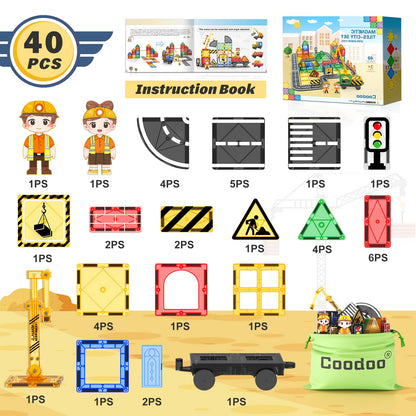 Coodoo Kids Games Magnetic Tiles Road Set with Extendable Magnetic Crane, City Construction Building Toys for Toddlers STEM Preschool Ages 4-6 5-7, Gifts for 3+ Year Old Boys Girls Kids Toys with Car