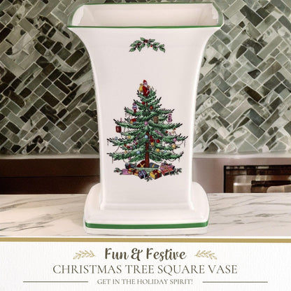 Spode Christmas Tree Square Vase, 8-Inch Festive Vase for Flowers & Holiday Decor - Fine Earthenware Centerpiece for Christmas Table, Mantle, Seasonal Floral Arrangements, Dishwasher Safe