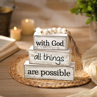 Yuntau 4 Pcs Farmhouse Wooden Tabletop Decor Farmhouse Tiered Tray Decor Rustic Retro Wood Bead Garland with God All Things are Possible Block Sign Neutral Centerpiece Sign for Home Shelf Mantle