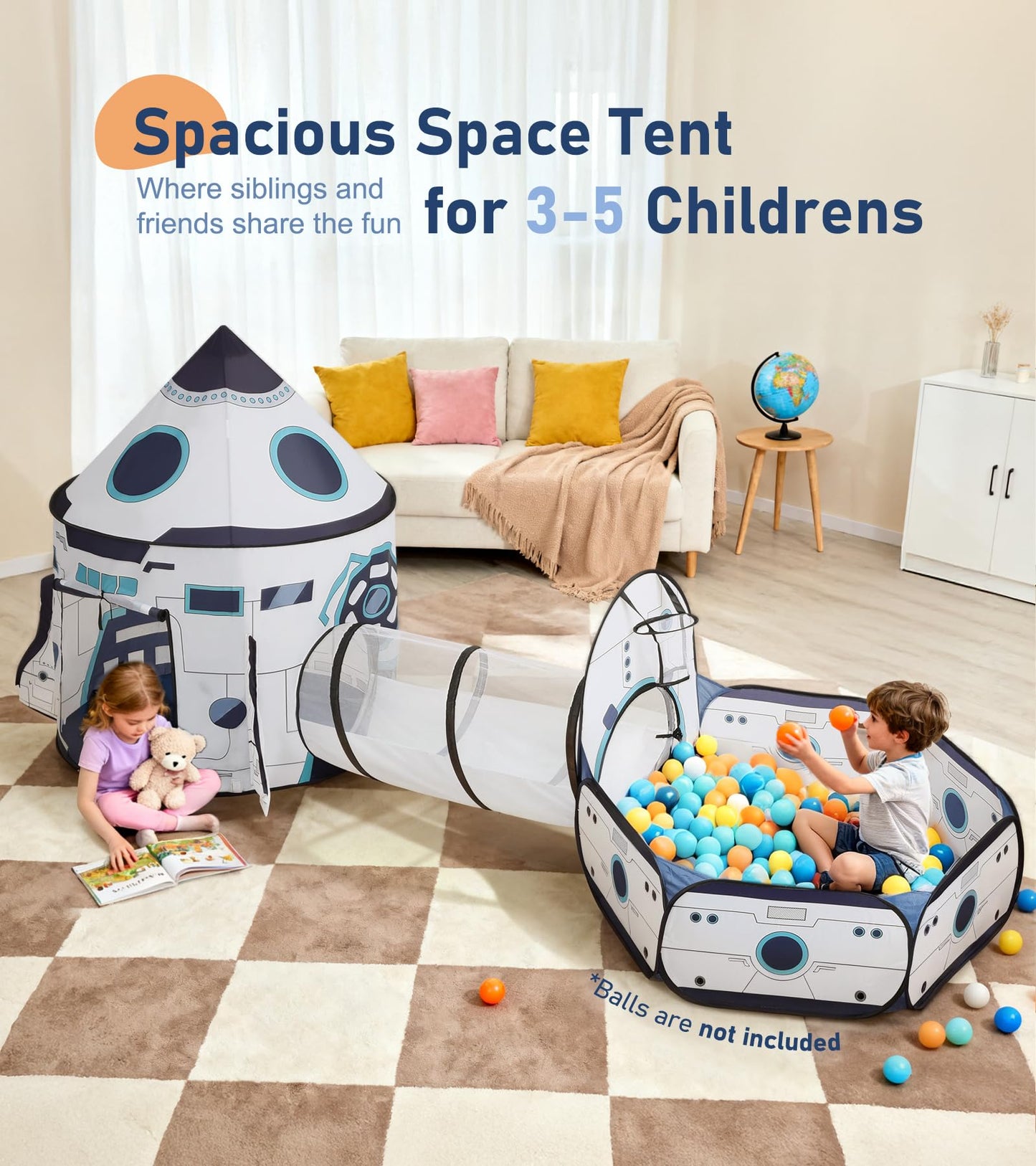 3PC Kids Play Tent with Tunnel and Ball Pit, Pop up Play Tents for Toddlers, Rocket Ship Playhouse for Indoor & Outdoor Use, Boys Spaceship Tent Set with Carry Bag, Ideal Gifts for Kids