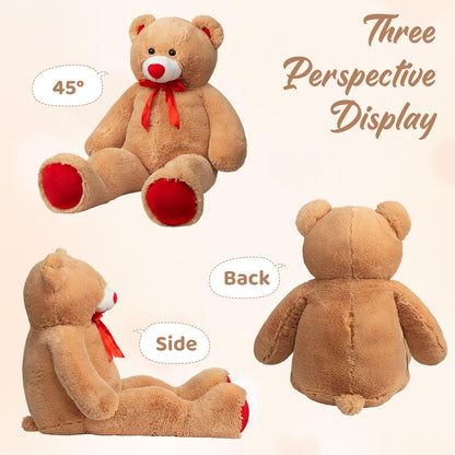 WENMOTDY Giant Teddy Bear 4ft Stuffed Animal Big Teddy Bear Plush with Red Ribbon Bow and Paw Pads Plush Toy for Girlfriend Lover Mom Kids Anniversary Valentines Birthdays Gifts 48 inch Tan