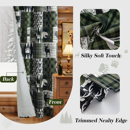 Dark Green Rustic Cabin Curtains 2 Panels Country Curtain 50% Light Blocking Darkening Grommet Window Treatments Farmhouse Patchwork Plaid Drapes Decorative for Living Room Bedroom, 52x96 inches