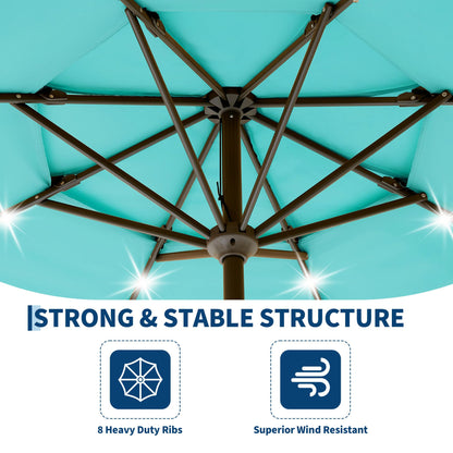 JoanKaren 3 Tier Patio Umbrella with Light, 9ft Outdoor Patio Umbrella with Vented Top, 24 LED Solar Lights, Easy Crank and Push Button Tilt, 8 Sturdy Ribs, for Pool, Deck, Yard, Garden, Light Blue
