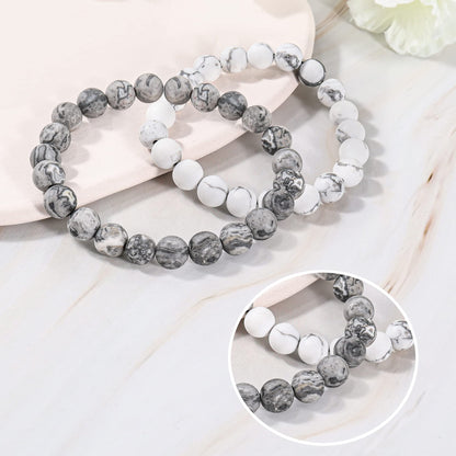 Bivei Natural Gemstone Healing Crystals Handmade 8mm Round Beads Bracelets Stretch Beaded Bracelet for Women Man(Frosted Picasso Jasper+Frosted White Howlite)