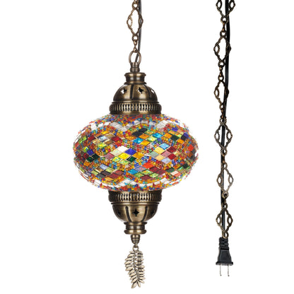 DEMMEX Authentic Turkish Mosaic Plug-in Swag Pendant Light Fixture, Large 6.5" Globe – Moroccan Hanging Ceiling Lamp - 15ft Cord & Chain, US/CA Plug, Exotic Mediterranean Decor, Handmade