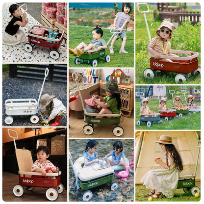 kidpop PULA-Wild 3-in-1 Kids' Pull-Along Wagon Toddlers Push Walker for 2.5-8, Removable Wooden Cover and Adjustable Handlebar, Birthday Gifts Max Weight 33 lbs (Green)