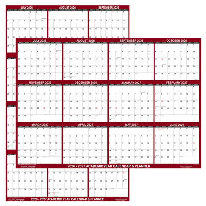 24" x 36" SwiftGlimpse 2026-2027 Academic Wall Calendar, Erasable, Large, Wet & Dry Erase Laminated, Reversible, Yearly Planner, JULY 2026 to JUNE 2027 ONLY, Maroon