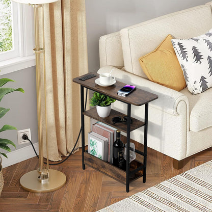 Narrow Side Table with USB-C Charging Station, 3-Tier Slim End Table with Magazine Holder, Modern Thin Side Table for Couch or Small Spaces, Skinny Nightstand for Living Room or Bedroom