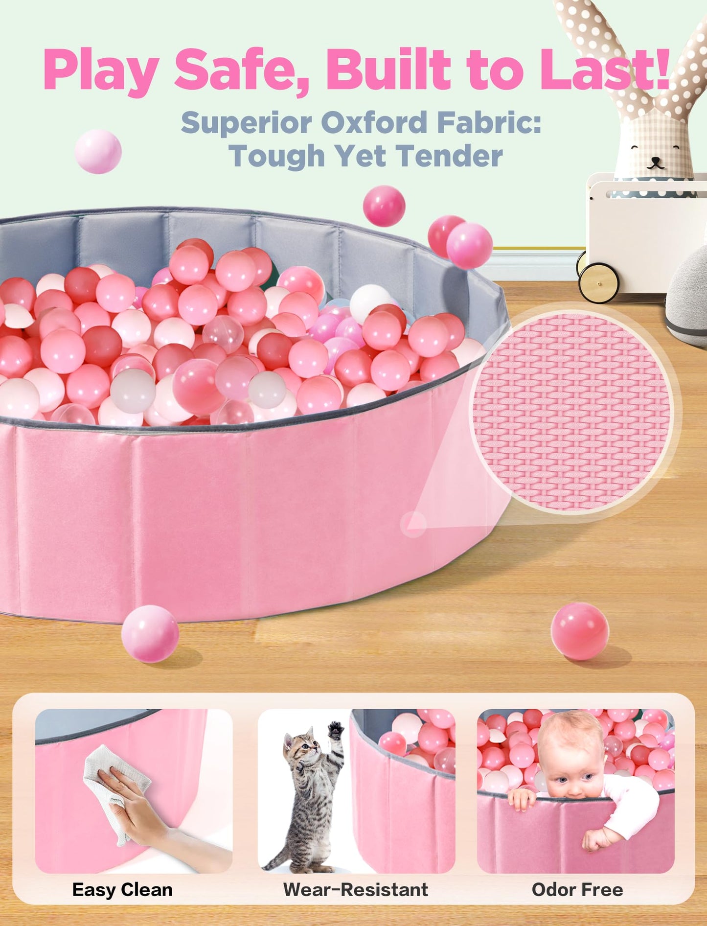 Hikiddy Large Ball Pit for Toddlers - 44 in Baby Ball Pit with Pop-Up Playmat, Foldable Kids Ball Pool, Dog Play Pit, Indoor and Outdoor Use, Hold Over 1000 Balls, Balls Not Include (Pink)