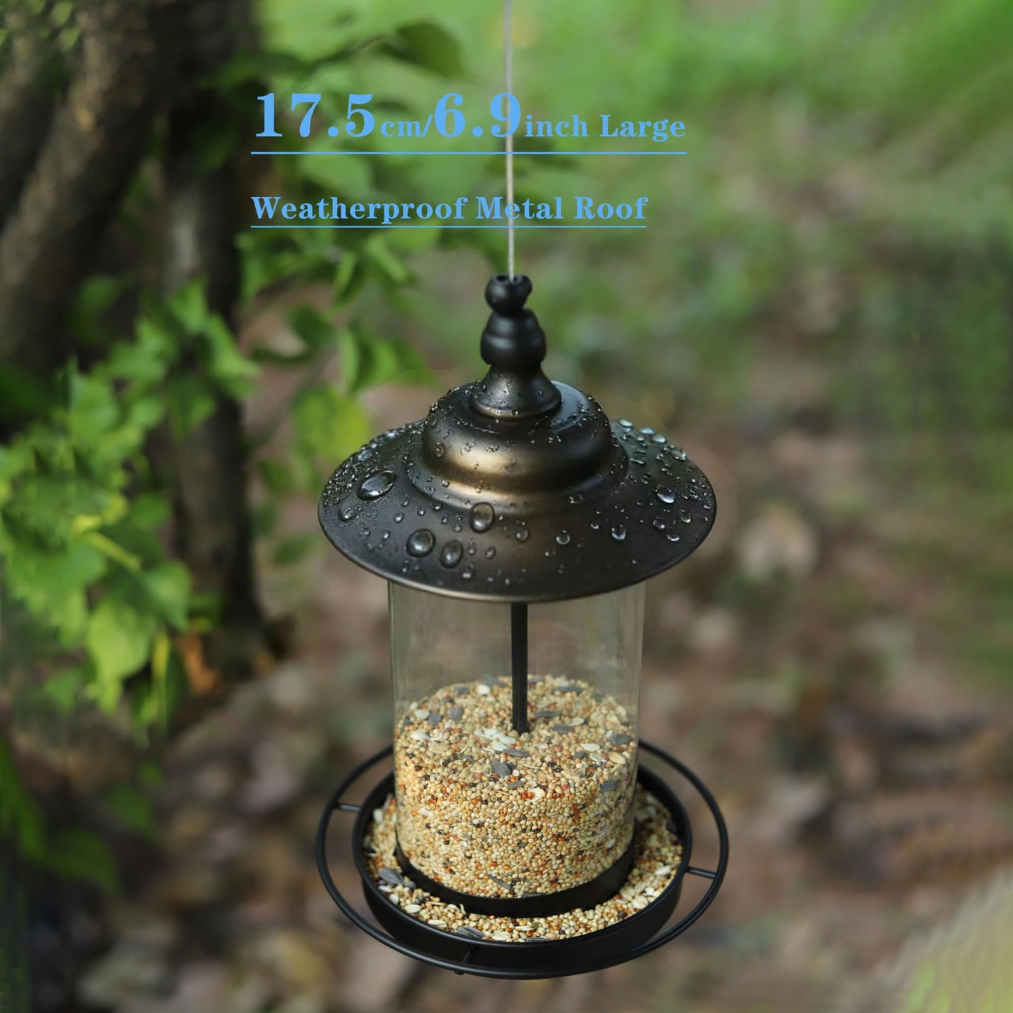 KiRuan Deco Bird Feeders for Outdoors,Hanging Bird Feeder with Locking Lid, Metal Birdfeeder with 17.5cm Weatherproof Large Roof&Tray,3 Feeding Perches,Chew-Proof, Black,1 Pack