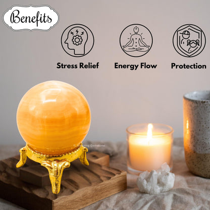 Amazing Gemstone Yellow Calcite Banded Crystal Ball with Stand - 2 Inches Crystal Sphere Meditation Balls for Witchcraft and Decorative Balls