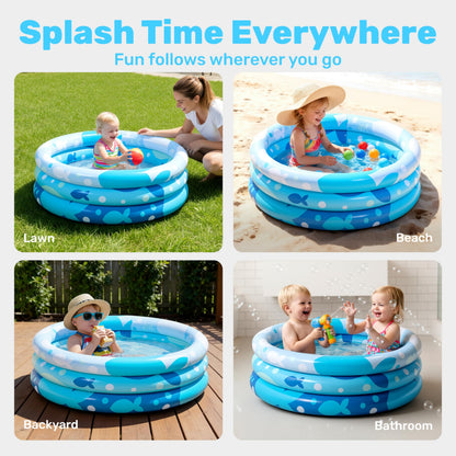 Sloosh Inflatable Kiddie Pool, 34"x10" Blow Up Kid Swimming Pool,3 Rings Blue Baby Pool for Toddler,Play Pit for Dog with Geometric Pattern for Summer Water Party Backyard Garden(Fish)