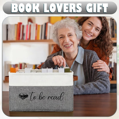 Marsui Book Lover Gifts TBR Book Storage Basket with Lids to Be Read List Storage Bin Bookish Accessories Bookworm Gift for Club Members Student Teacher Reading Accessories(White and Grey)