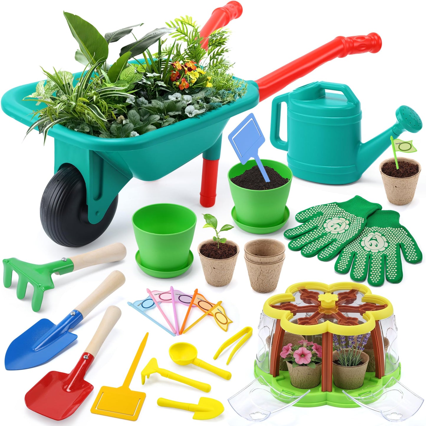 CUTE STONE Kids Gardening Set, Plant Growing Kit with Wheelbarrow, 3 Metal Garden Tools & Kids Grow House with Upgraded Irrigation, Outdoor Indoor STEM Toys for Toddlers 3+