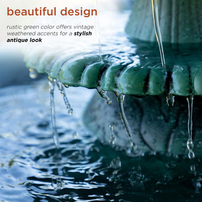 Alpine Corporation 35" Tall 3-Tier Outdoor Pedestal Water Fountain – Durable Resin Cascading Water Feature and Birdbath for Garden, Patio, Deck, and Backyard, Green