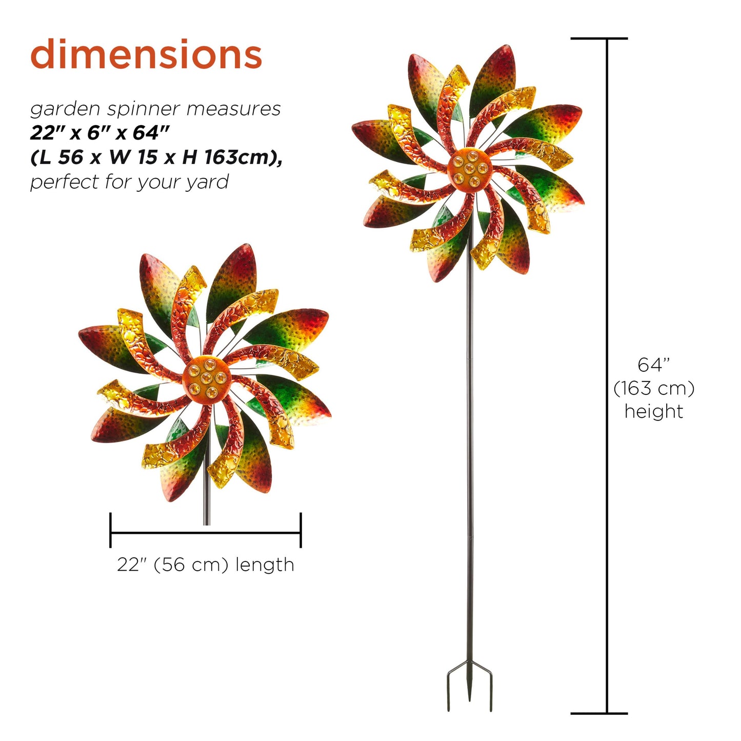 Alpine Corporation 64" Tall Floral Windmill Stake with Jeweled Kinetic Spinner, Green and Orange