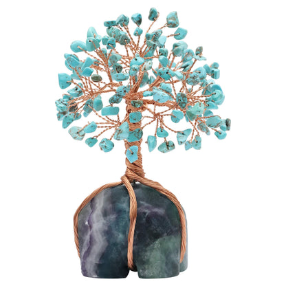 Crocon Howlite Green Turquoise Gemstone Money Tree with Fluorite Rough Wire Wrapped Base | Feng Shui Bonsai | Ornament Figurine | Chakra Balancing | Reiki Crystal Healing | Spiritual | Decor Size 5-6"