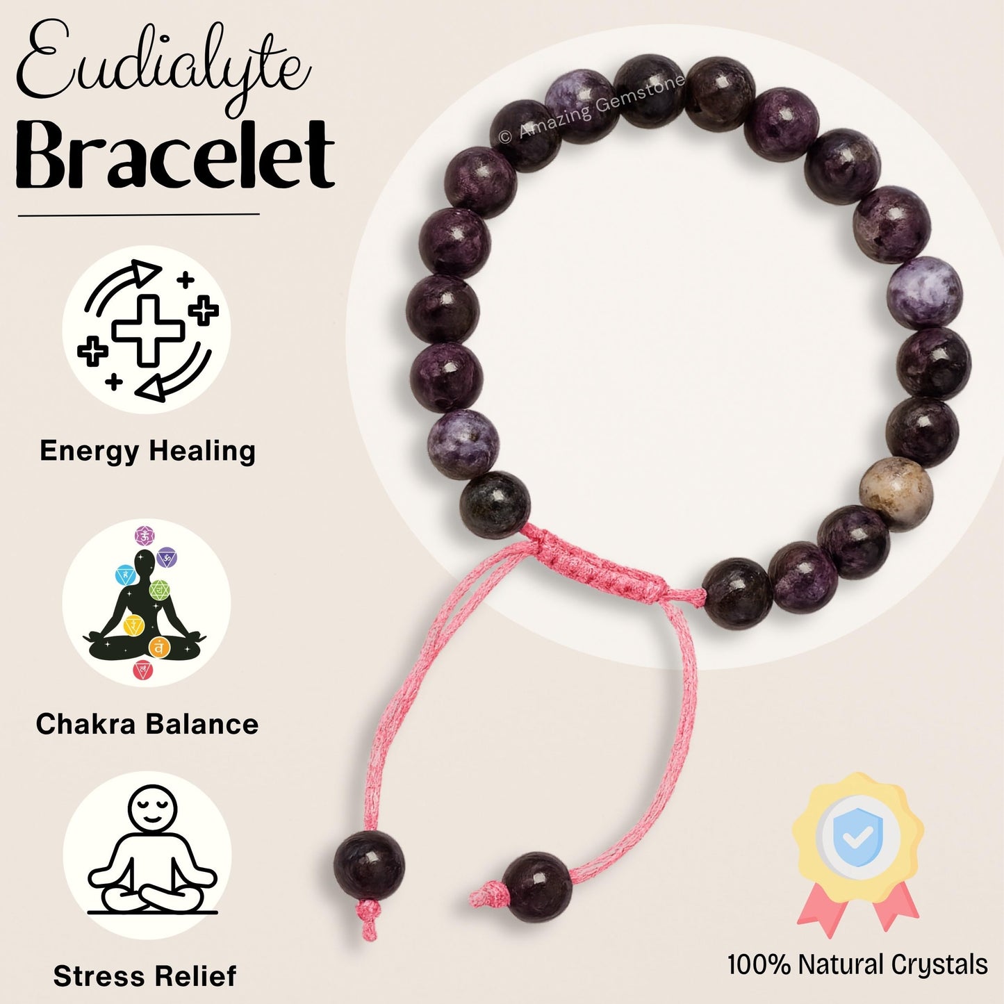 Amazing Gemstone Eudialyte Bracelet, Gifts For Men & Women - Protection Healing Crystal Bracelet - 8mm Gemstone Beaded Adjustable Bracelet, Pulseras Para Hombres Mujer Stocking Stuffers