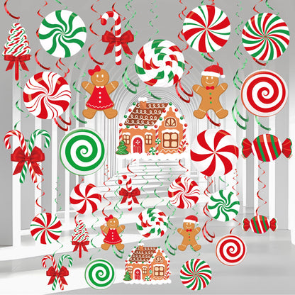 36 PCS Christmas Hanging Swirls Decorations Pre-Strung Candy Gingerbread Man Hanging Streamers Christmas Red Green Candies Gingerbread House Ceiling Swirl Streamer for Xmas Holiday Party Home Decor