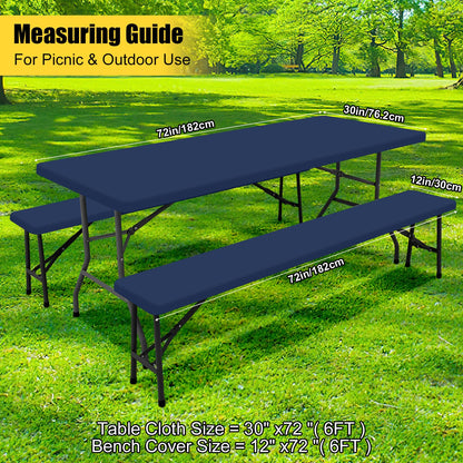 Smiry Picnic Table Cover with Bench Covers, Waterproof Elastic Fitted Polyester Tablecloths for 6 Ft Rectangle Tables, Washable Windproof Tablecloth for Camping, RV & Outdoor (Navy, 30x72 Inches)