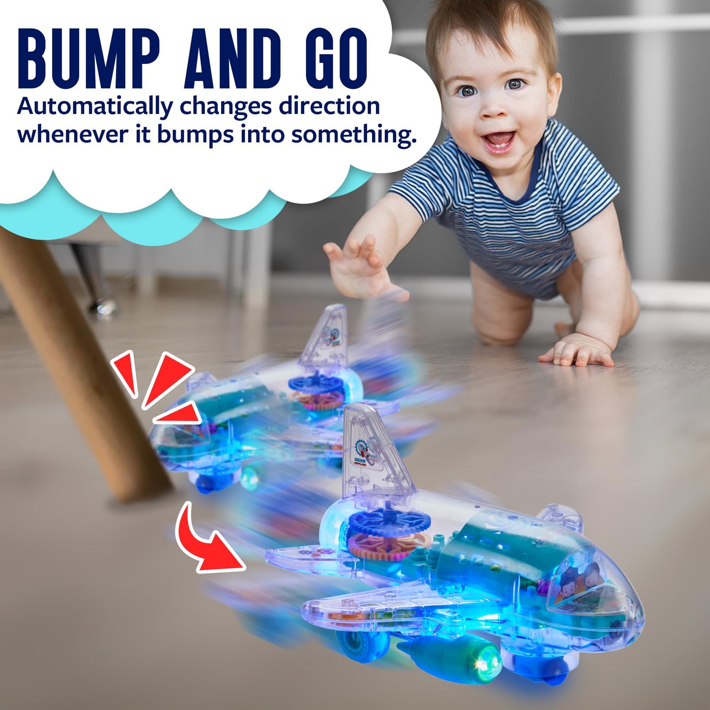 Playbees Light Up Transparent Gear Airplane Kids Bump and Go Autism Toys Colorful Moving Gears with Music and LED Effects Toddler Boy Toys Ages 3+