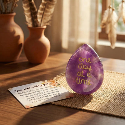 QINJIEJIE One Day at A Time Gifts Amethyst Healing Crystals Worry Stones for Anxiety Relief Items You Got This Inspirational Thinking of You Gifts for Women Men Encouragement Gifts for Best Friends
