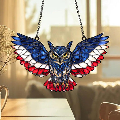 American Flag Owl Suncatcher Acrylic Suncatcher Window Hanging Ornament Patriotic Owl Decor for Home, Garden, Office 4th of July Gifts Bird Ornament for USA Lovers, Veterans, Nature Fans
