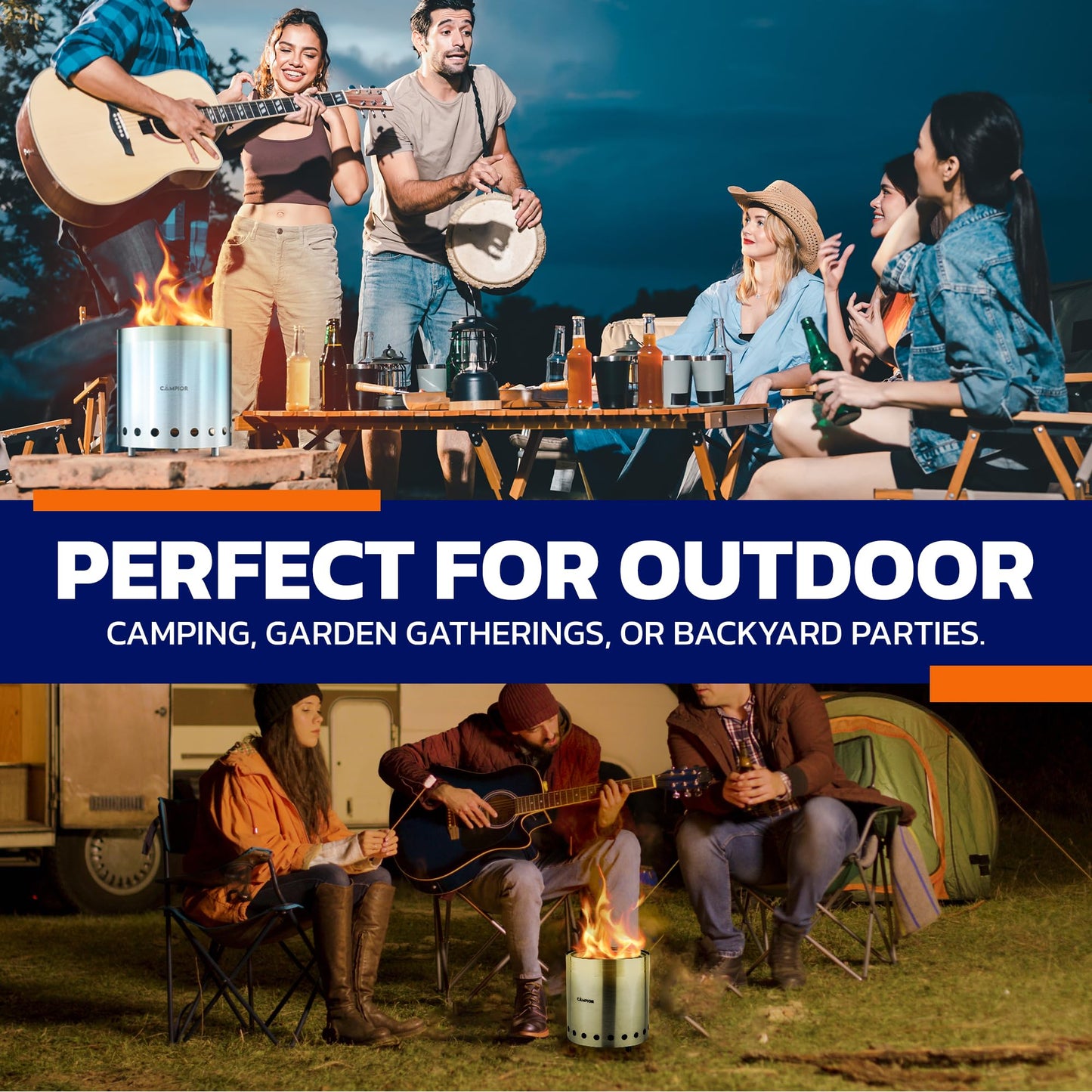 CAMPIOR Wood Burning Fire Pit Stove - Smokeless Outdoor Stove for Wood Fires, Camping, Cooking, and Garden Gatherings, Durable, Stainless Steel with Removable Ash Pan, with Stand and Black Carry Bag
