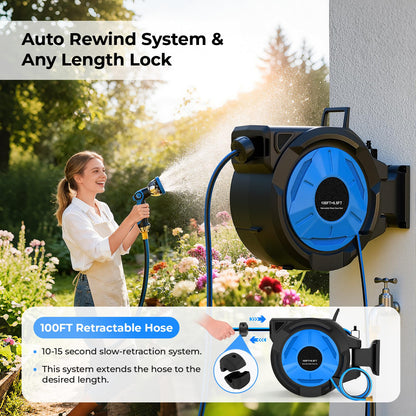 Homdox Retractable Garden Hose Reel 100 ft x 1/2 inch, Automatic Garden Hose Reels with 10 Pattern Nozzle, Wall Mounted Hose Reel, Auto Rewind, 180°Swivel, Any Length Lock Water Hose Reel for Outside