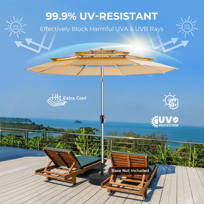 HOMSHADE 9ft Aluminum Patio Umbrella - 3 Tiers Vented Outdoor Commercial Market Table Umbrella, Heavy Duty Wind Proof Deck Pool Umbrellas UPF50+ UV Protection 5-Year Fade Resistant (Beige)