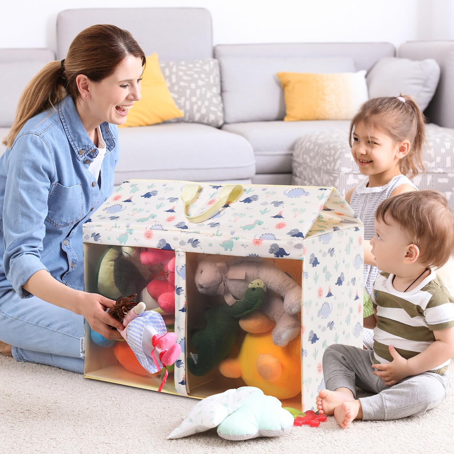 Moteph Toy Box with Lid, Collapsible Dinosaur Toy Chest with Mesh Window & Divider, Large Stuffed Animal Storage Bin for Playroom, Kids Room, Nursery Organization, Toy Bin for Boys & Girls