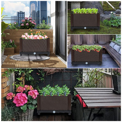 elfinrm Square Raised Garden Bed, Garden Free Splicing Planting Box Outdoor Indoor Planting Container Stylish Rattan Pattern Set of 1, Brown