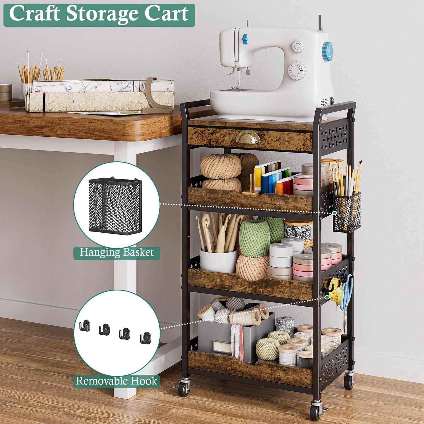 XYZLVSI 4 Tier Rolling Utility Cart Organizer with Removable Drawer, Small Coffee Stand Station with Wheels, Metal Craft Storage Cart for Living Room, Entryway, Bathroom, Office, Makeup