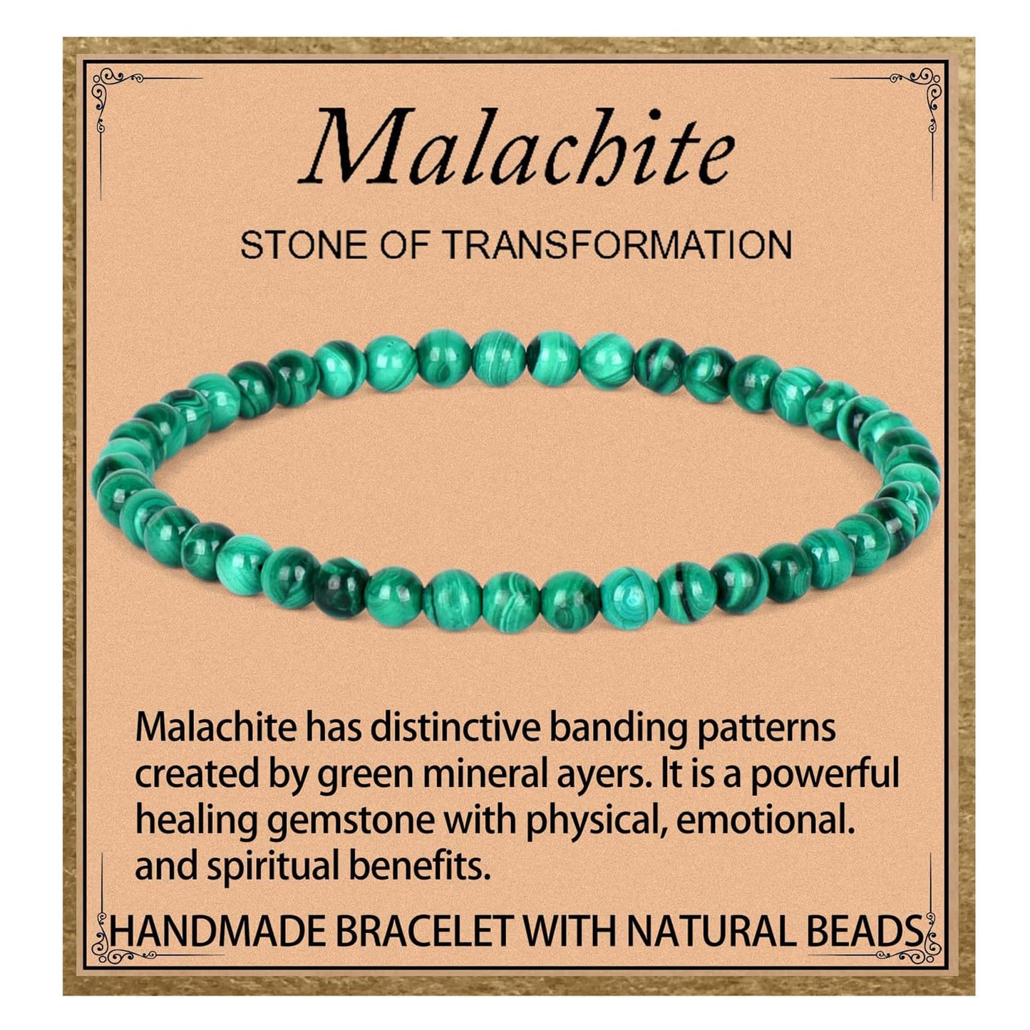 LPBeads Handmade Natural Gemstone Stretch Elastic 4mm Malachite Bracelet Healing Crystal Round Stone Beads Jewelry Gifts for Women Men