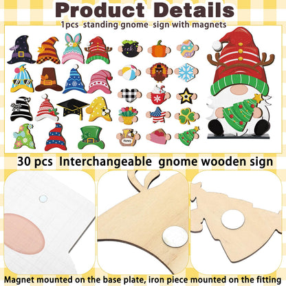 Blulu 32 Pcs Interchangeable Wooden Gnome Decor Summer 4th of July Patriotic Gnomes Welcome Sign Holiday Seasonal Tiered Tray Decor with Magnet Pieces for Gifts Decorations (Cute)