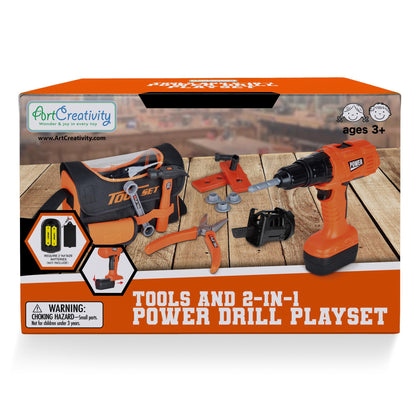 ArtCreativity Power Drill Tool Set for Kids - Pretend Playset with 2-in-1 Toy Drill with Lights, Sounds, Motion - Includes Toy Hammer, Pliers, Bolts, Screwdriver and More - Sturdy Bag for Storage