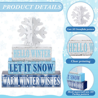 Geelin 4 Pieces Hello Winter Wooden Table Decorations Let It Snow Wooden Signs Rustic Snowflake Tiered Tray Decor Winter Wishes Tabletop Centerpieces for Home Desk Room Kitchen Shelf