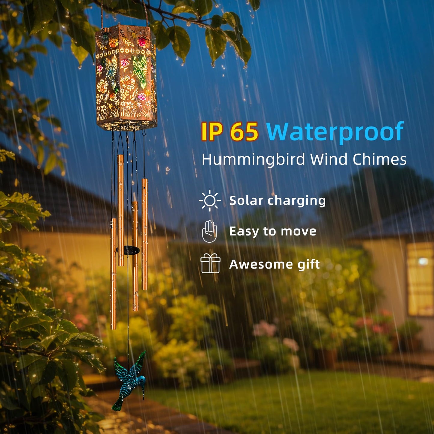 Hummingbird Solar Wind Chimes for Outside, Outdoor Solar Garden Decor Hanging Lantern for Balcony Porch Patio Backyard
