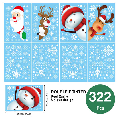 322Pcs Christmas Window Clings Xmas Snowflakes Decorations Santa Claus Reindeer Snowman Snowflake Xmas Decals Stickers for Glass Winter Holiday Home Party