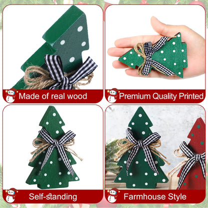Yookeer Christmas Decor 3 Pieces Wood Table Rustic Christmas Tree Farmhouse Wooden Xmas Centerpiece for Small Table Xmas Trees Red Green Tiered Tray Party Decoration(Polka Dot Style)