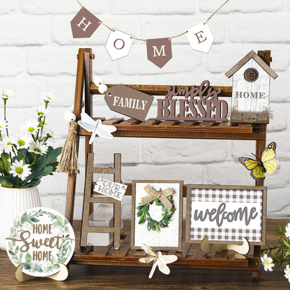 FairySandy Set of 11 Farmhouse Tiered Tray Decor Rustic Home Tiered Tray Decorations Set Wooden Signs Home This is Us Farmhouse Tabletop Wood Signs for Kitchen Table Shelf Decor
