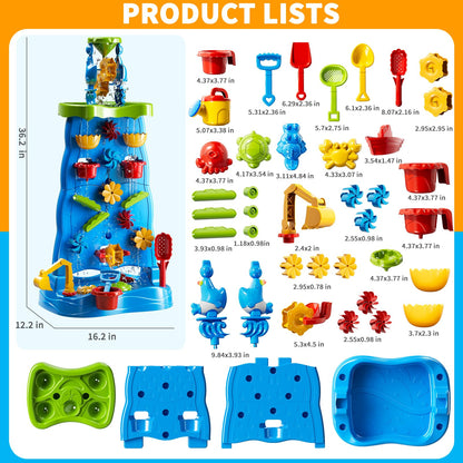 Water Table for Toddlers 1-3 Kids Ages 4-8, Double-Sided Waterfall Discovery Wall with Rich Activity Set, Summer Kids Outdoor Beach Sand Water Play Table Toys, Birthday Gifts for Boys Girls 18M+