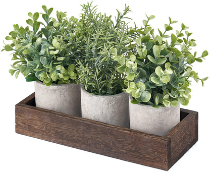 Dahey 3 Pack Mini Potted Artificial Eucalyptus Fake Plants with Wood Tray Centerpiece Table Decorations, Farmhouse Pulp Flower Pots Greenery Home Decor for Coffee Table Dining Room Office Kitchen