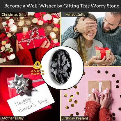 Anaya Agate Snowflake Obsidian Worry Stones Certified Crystal Thumb Worry Stone for Anguish Relaxing and Soothing Balance Stones for Meditation, Stress Relief Crystals and Healing Stones for Men Women