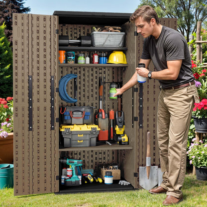 DWVO Outdoor Vertical Storage Shed with 4 Shelves, Waterproof Tall Plastic Storage Shed with 4 Adjustable Shelf, 30 cu. ft. Patio Tools Storage for Patio, Garden, Backyard, Deck, Brown