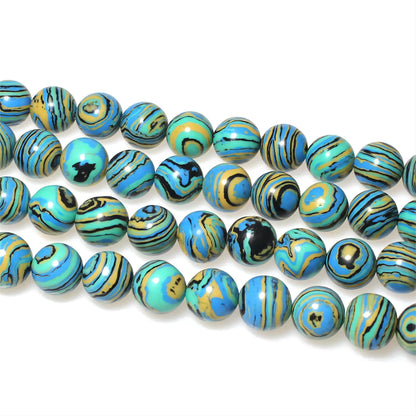 MJDCB Synthesis Colour Malachite Beads Beautiful Fashion Round Stone Beads for DIY Jewelry Making 15" (6mm, Blue- Gold - Black)