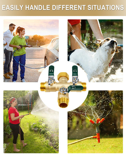 EBH Garden Hose Splitter 3 Way, Heavy Duty Solid Brass Hose Splitter with Shutoff Valves, Water Spigot Splitter With 304 Stainless Steel Handle, Full Flow Outdoor Faucet Splitter, 3/4" GHT Thread