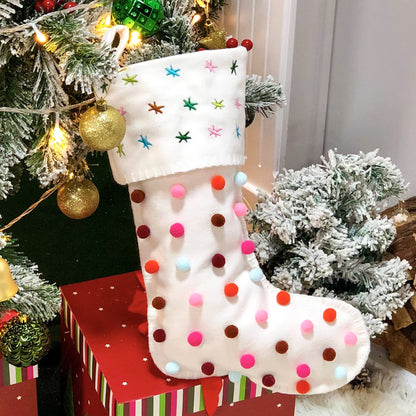 Hopearl Pom Pom Christmas Stocking Kit Boho Style Socks Ultra Soft Holder Ornament Luxury Gifts Bags for Family Xmas Tree Party Supplies, Cream, 18''