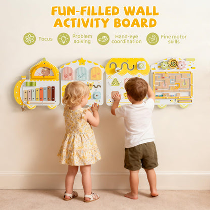 ROBUD Activity Wall Busy Board, Spring Train Montessori Busy Board, 12-in-1 Wooden Sensory Wall Panel, Montessori Sensory Wall Panel for Boys & Girls, Ideal for Toddler Playroom Nursery Classroom