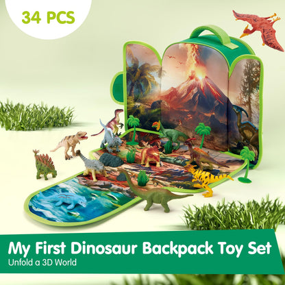 COCO&Friends Dinosaur Toys for Kids 3-5 - Portable Dinosaur Backpack Play Set with Foldable 3D Mat, Pretend Play Toy for 4 Year Old Boy Birthday Gift - Travel Outdoor Beach Toys for Kids Ages 4-8